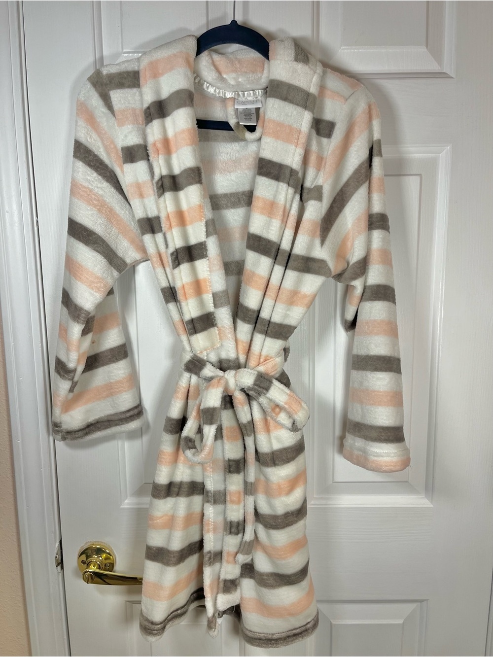Capelli of New York Striped Plush Wrap Robe in White, Peach & Gray 🍑✨ Size M